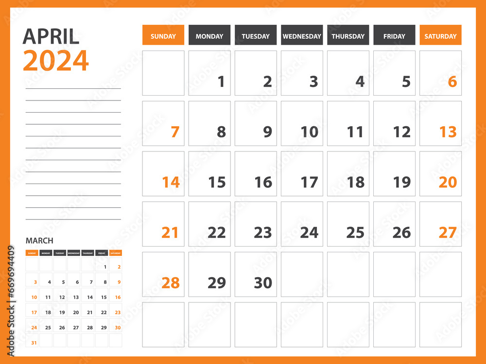 Monthly calendar template for 2024 year - April 2024 year, Week Starts on Sunday, Desk calendar 2024 design, Wall calendar, planner design, stationery, printing media, Orange background, vector Monthly calendar template for 2024 year - April 2024 year, Week Starts on Sunday, Desk calendar 2024 design, Wall calendar, planner design, stationery, printing media, Orange background, vector