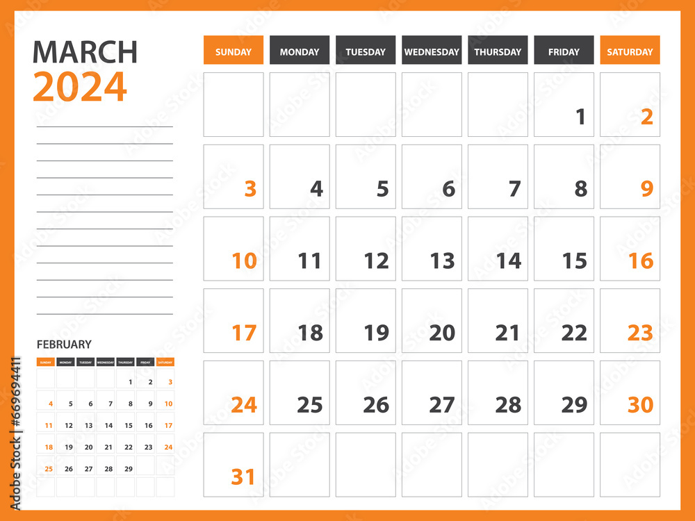 Monthly calendar template for 2024 year - March 2024 year, Week Starts on Sunday, Desk calendar 2024 design, Wall calendar, planner design, stationery, printing media, Orange background, vector Monthly calendar template for 2024 year - March 2024 year, Week Starts on Sunday, Desk calendar 2024 design, Wall calendar, planner design, stationery, printing media, Orange background, vector