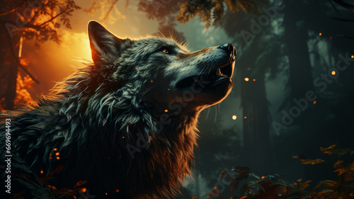 portrait of a wolf in the night forest