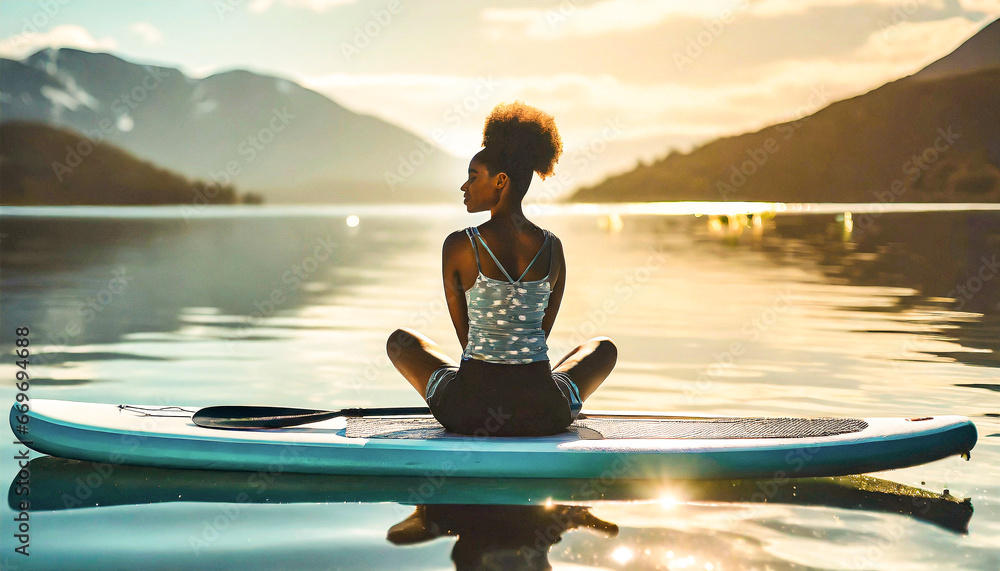Fototapeta premium Young African American woman sitting in a rowboat in the middle of a lake practicing meditation and relaxation. Wellness and health.