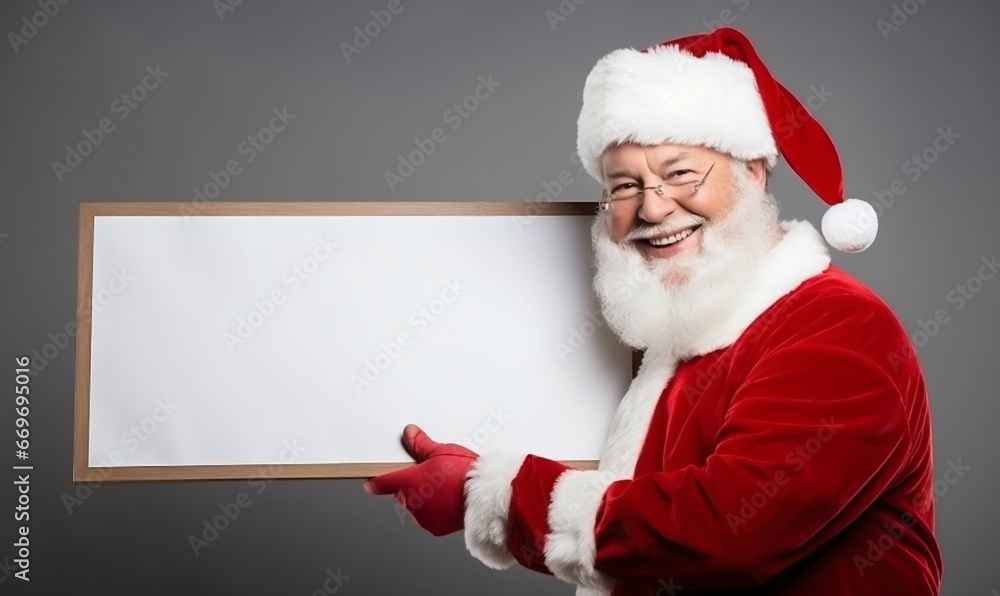 Naklejka premium Santa's Special: Joyful Claus with Blank Promo Banner. Generative ai