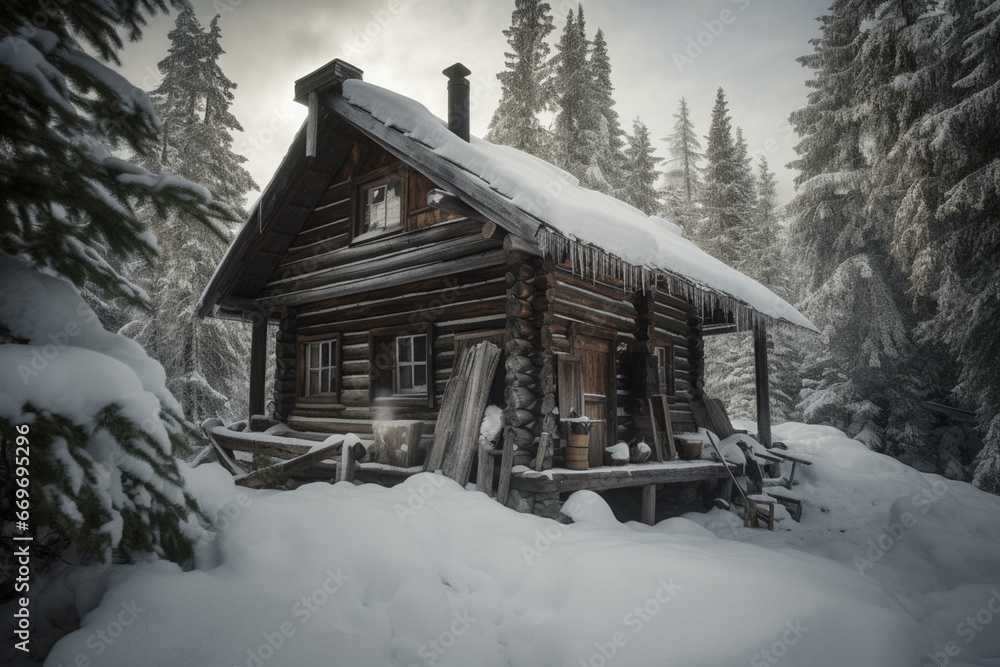 Snowy cabin. Generative AI
