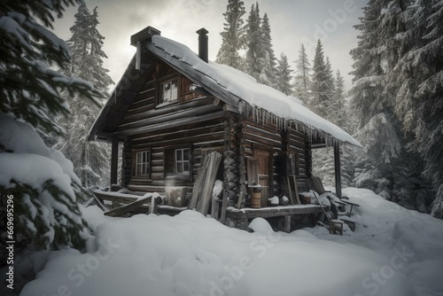 Snowy cabin. Generative AI © Farrah