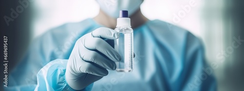 A male doctor, donning a face mask and medical gloves, holds a vial of COVID-19 coronavirus liquid vaccine intended for injection. Coronavirus vaccine and flu treatment vaccination concept. Banner photo