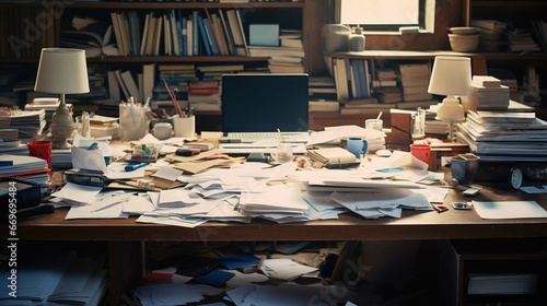 Messy office desk and table with piles of files and disorganized clutter. © Abid