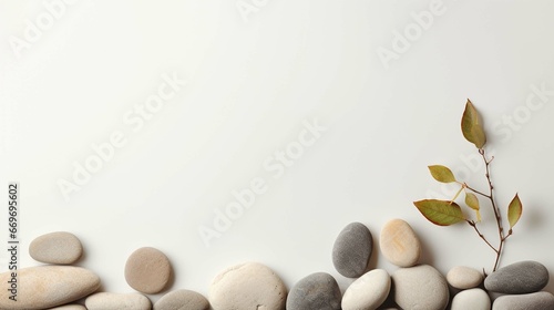 Neutral background with stones branch and natural colors ideal for beauty product branding and packaging Front perspective copy space . 