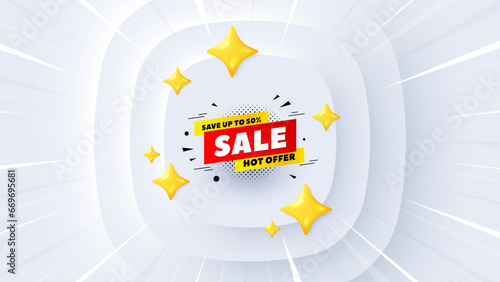 Sale 50 percent off banner. Neumorphic offer 3d banner, coupon. Discount sticker shape. Hot offer icon. Sale 50 percent promo event background. Sunburst banner, flyer or poster. Vector