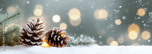 christmas background with pine cones and snow sparkling lights. photo