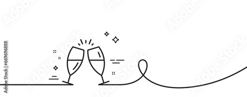 Champagne glasses line icon. Continuous one line with curl. Romantic celebration sign. Love chin-chin symbol. Champagne glasses single outline ribbon. Loop curve pattern. Vector