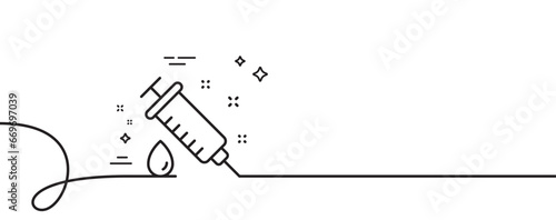 Medical syringe line icon. Continuous one line with curl. Medicine vaccine sign. Pharmacy medication symbol. Medical syringe single outline ribbon. Loop curve pattern. Vector