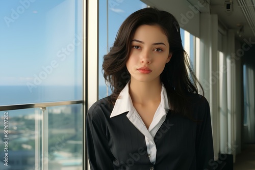 A stylish Asian lady in a contemporary office attire, reflecting the city's corporate identity. generative AI 