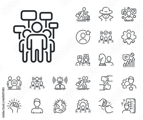 People rally with signs. Specialist, doctor and job competition outline icons. Voting campaign line icon. Public election symbol. Voting campaign line sign. Vector