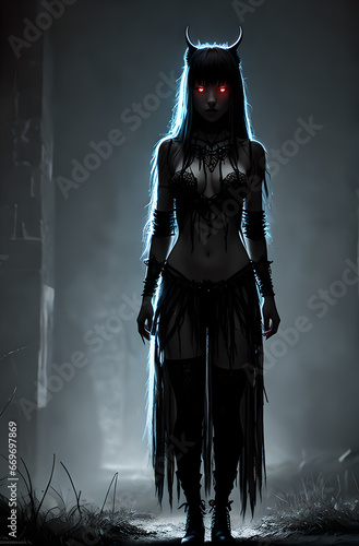 Girl in a black dress, dark night horror style Halloween, Generative AI
