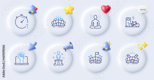 Sports arena, Electric bike and Timer line icons. Buttons with 3d bell, chat speech, cursor. Pack of Yoga, Success, Arena stadium icon. Empower pictogram. For web app, printing. Vector photo