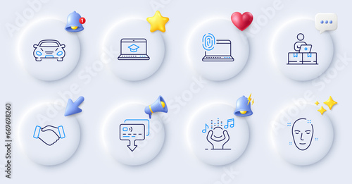 Online storage, Handshake and Computer fingerprint line icons. Buttons with 3d bell, chat speech, cursor. Pack of Card, Health skin, Car icon. Noise, Website education pictogram. Vector