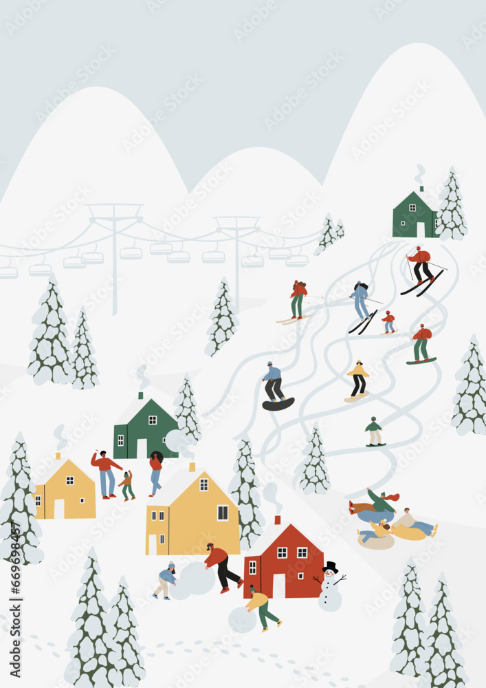 Winter season poster with people skiing, snowboarding, ice skating, sledding, winter activities printable card, mountain resort scene wall art print, Flat style vector illustration clipart.