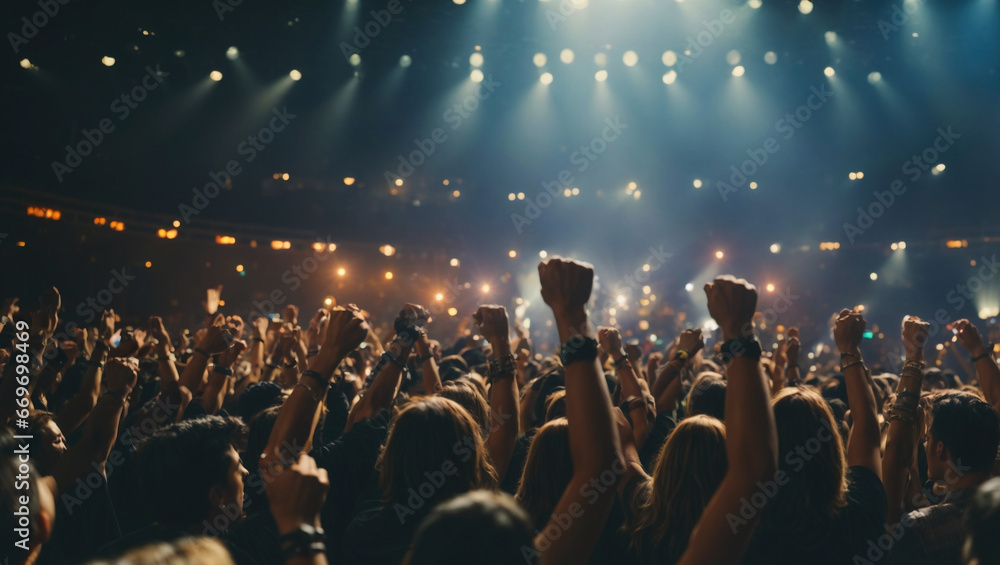 Large crowd at music concert with hands raised, generative ai illustration