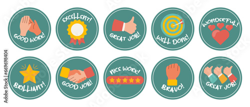 Collection of motivational stickers for great work. Stickers, badges, badges. 