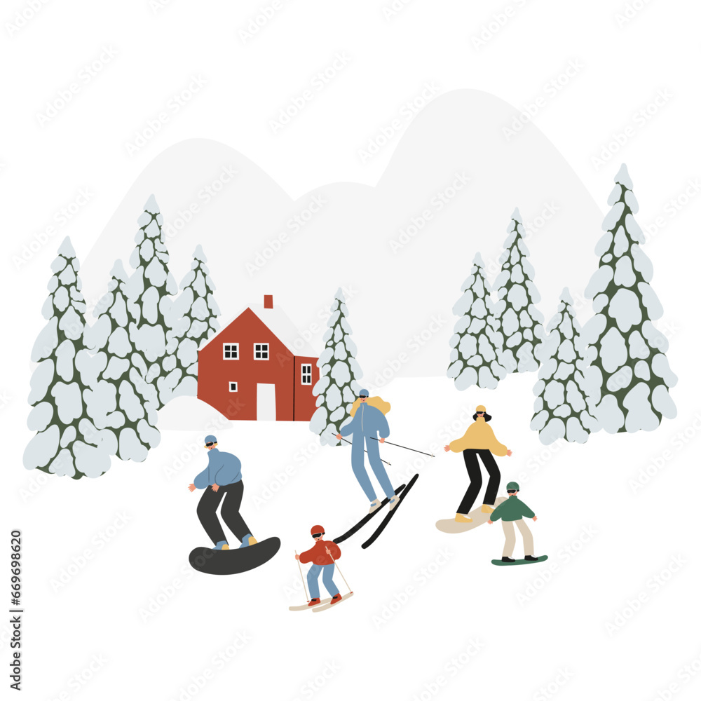 Φωτογραφία Winter season activities vector illustration with scenes of people skiing, snowboarding, ice skating, sledding, tubing, snovy mountain village Flat style image clipart, cartoon cabin clip art