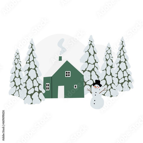 Winter season activities vector illustration with scenes of people skiing, snowboarding, ice skating, sledding, tubing, snovy mountain village Flat style image clipart, cartoon cabin clip art.