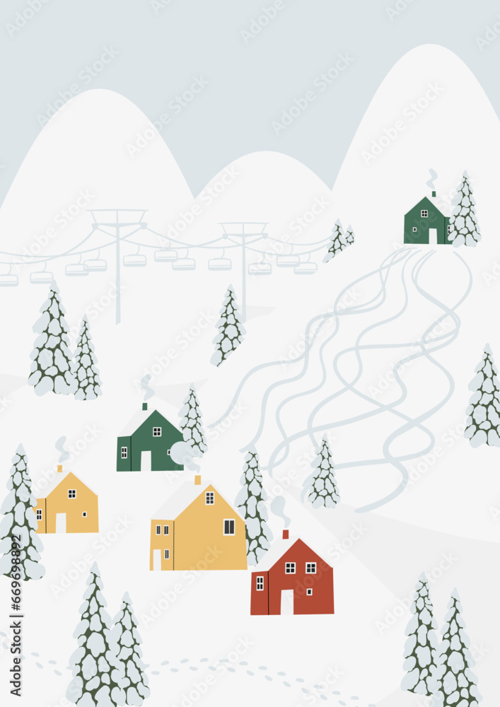 Winter snowy landscape clipart, scene background vector illustration, forest scenery wall art print, mountain village printable poster, winter season digital download card, house flat style images.