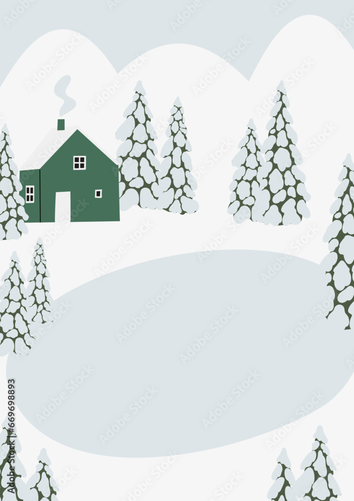 Winter snowy landscape clipart, scene background vector illustration, forest scenery wall art print, mountain village printable poster, winter season digital download card, house flat style images.