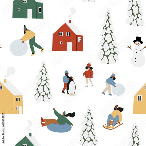 Winter season seamless pattern, people skiing, snowboarding, ice skating, making snow angel digital paper, winter activities scrapbook paper, snovy forest background, vector illustration clipart.