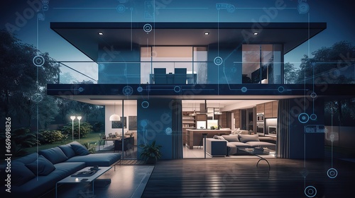 Artificial intelligence  a concept of a modern smart home  Resort  Big data connected devices  Science and Ai Internet technology industry  scientist  Ai concept  generative ai