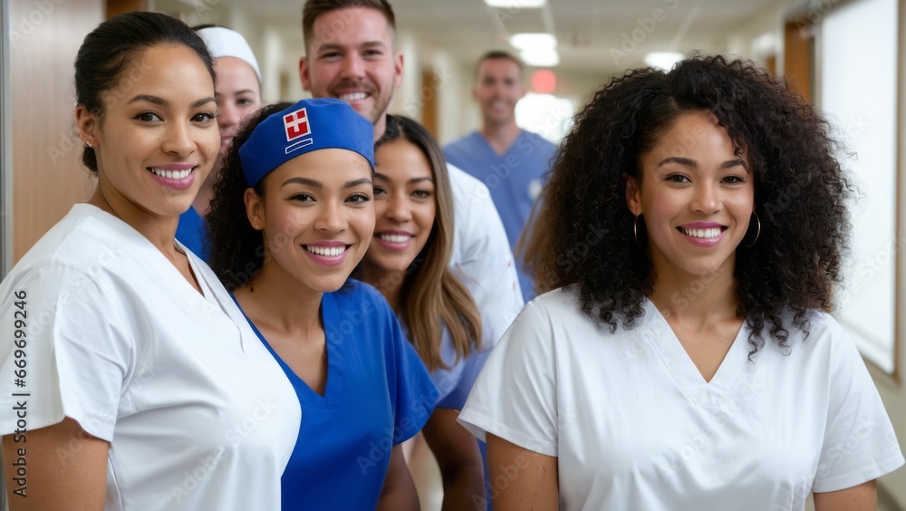A group of nurses standing inside a hospital hallway A group of nurses standing inside a hospital hallway