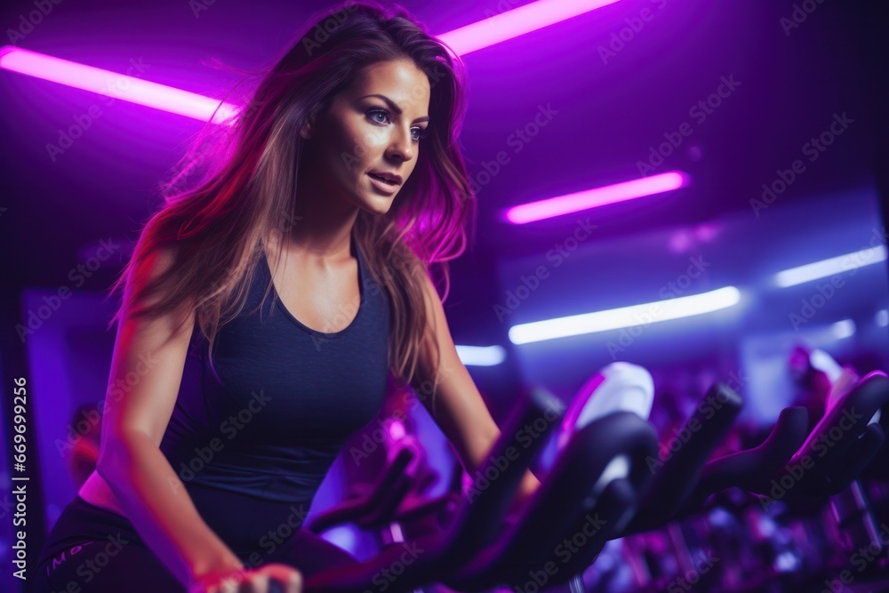 Portrait of beautiful woman working out at gym, running on bicycle and doing fitness exercises. healthy concept with LED lights