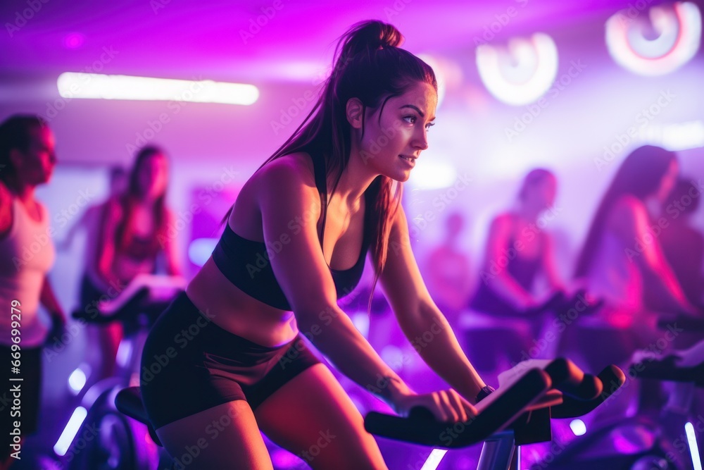 Portrait of beautiful woman working out at gym, running on bicycle and doing fitness exercises. healthy concept with LED lights