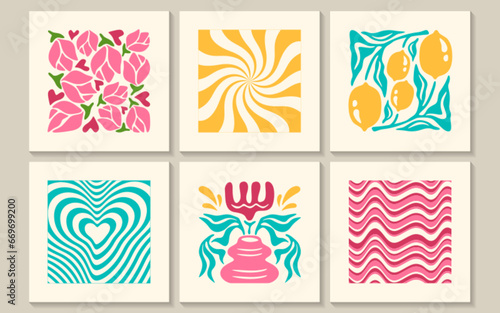 Groovy abstract posters set with lemon fruit, flowers, waves, swirl and twirl pattern in matisse minimal style. Trendy retro trippy design of floral backgrounds. Banners with flowers, plants or prints