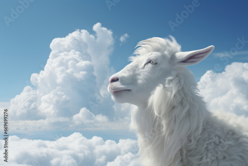 white sheep with good warm wool against a background of fluffy clouds and blue sky