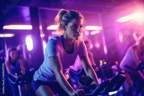Portrait of beautiful woman working out at gym, running on bicycle and doing fitness exercises. healthy concept with LED lights © aboutmomentsimages