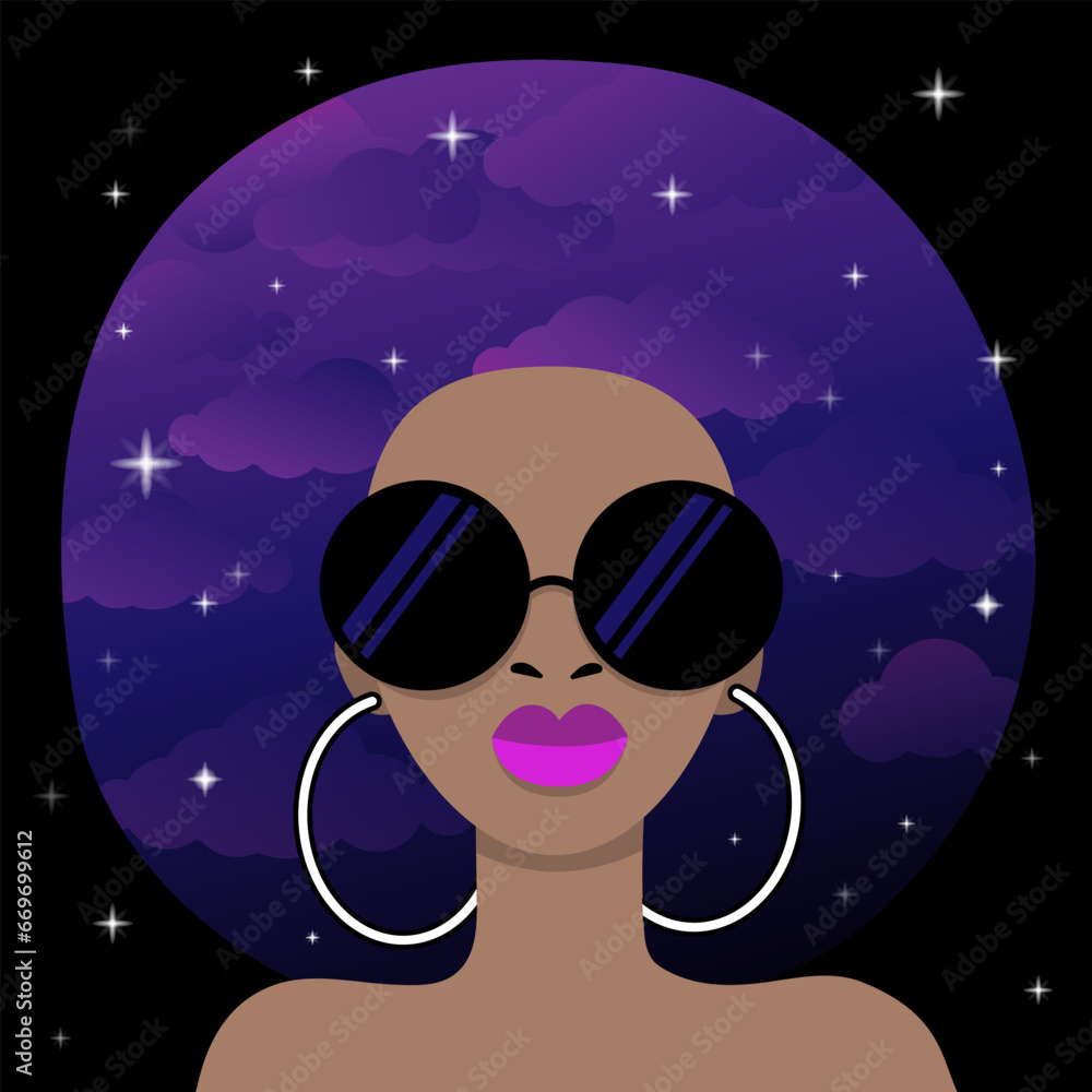 Black woman with space gradient purple clouds and sky with stars in her hair. Stylized portrait of an African American woman with earrings on a black background. Vector illustration for printing on me Black woman with space gradient purple clouds and sky with stars in her hair. Stylized portrait of an African American woman with earrings on a black background. Vector illustration for printing on me