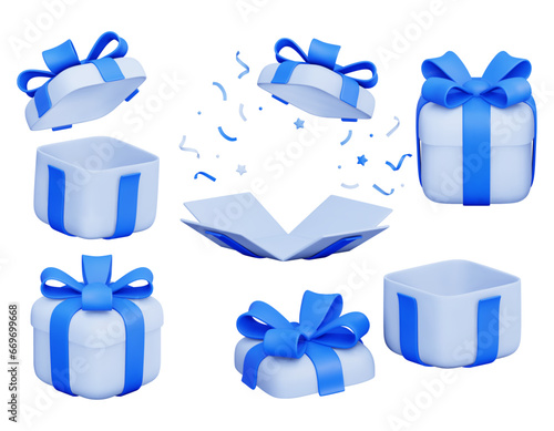 Set of 3d vector gift boxes, open and closed with blue ribbon bow. Flying holiday surprise box with poppers and hearts. Festive presents. For advertising banners, birthday cards. Isolated 3d render