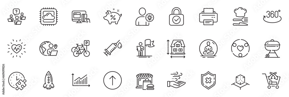 Icons pack as Heartbeat, Food and Security lock line icons for app include Puzzle time, Cross sell, Outsource work outline thin icon web set. Rocket, Wind energy, Teamwork question pictogram. Vector