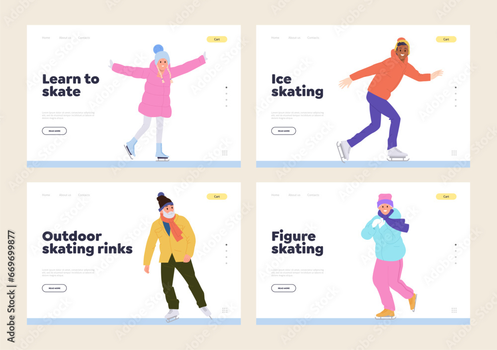 Set of landing page design template with happy adult people and children enjoying ice skating Set of landing page design template with happy adult people and children enjoying ice skating