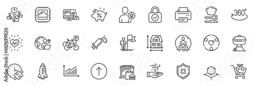 Icons pack as Heartbeat, Food and Security lock line icons for app include Puzzle time, Cross sell, Outsource work outline thin icon web set. Rocket, Wind energy, Teamwork question pictogram. Vector