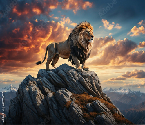 Lion in sunset on mountain  ai generated