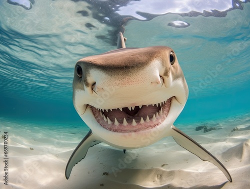 A shark swimming in the water column. A large predatory fish swimming in the ocean. A detailed image of a muzzle. Wild animal looking at something. Illustration with distorted fisheye effect.