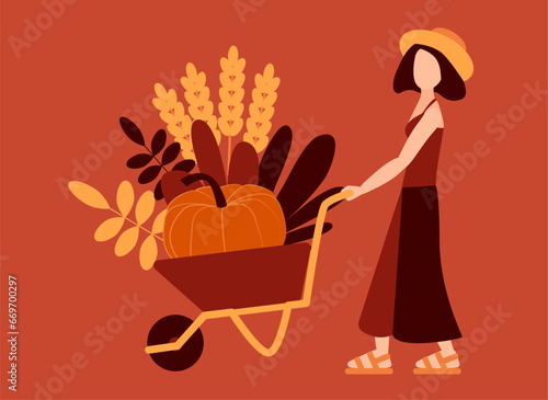 Local organic harvested pumpkin in wheelbarrow. Girl bringing autumn vegetables. Harvest gathering time. Agricultural concept