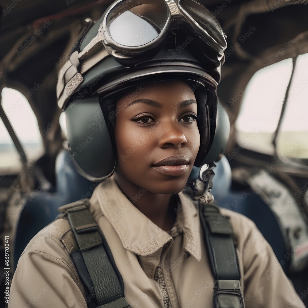 The girl is an African-American military pilot. A girl in a military pilot's uniform The girl is an African-American military pilot. A girl in a military pilot's uniform