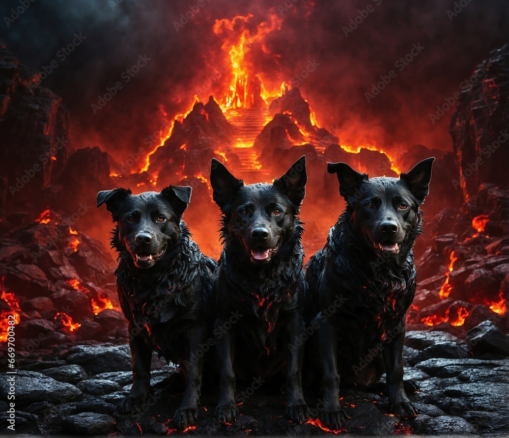 Hell black dogs in the fire, ai generated - obrazy, fototapety, plakaty 