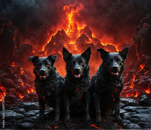 Hell black dogs in the fire, ai generated
