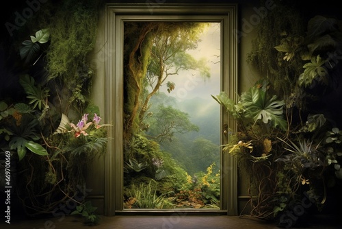 A doorway leading to vibrant, lush and unexplored landscapes. Generative AI photo