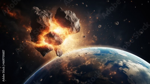 asteroid hitting earth space illustration horizontal banner