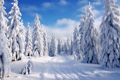Snowy winter scene featuring Christmas trees covered in snow. Generative AI © Tristan