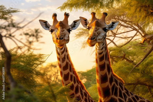 Giraffes Embracing the Treetop Banquet