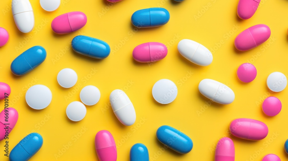 white, pink and blue pills and capsules on yellow background horizontal banner. Opioids crises, antidepressants, pharmaceutical business. white, pink and blue pills and capsules on yellow background horizontal banner. Opioids crises, antidepressants, pharmaceutical business.